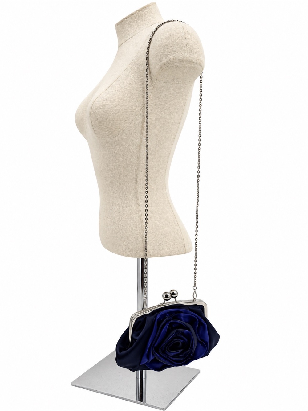 Unbranded Navy Satin Rose Evening Bag Silver Chain Kiss Lock Floral Clutch Purse